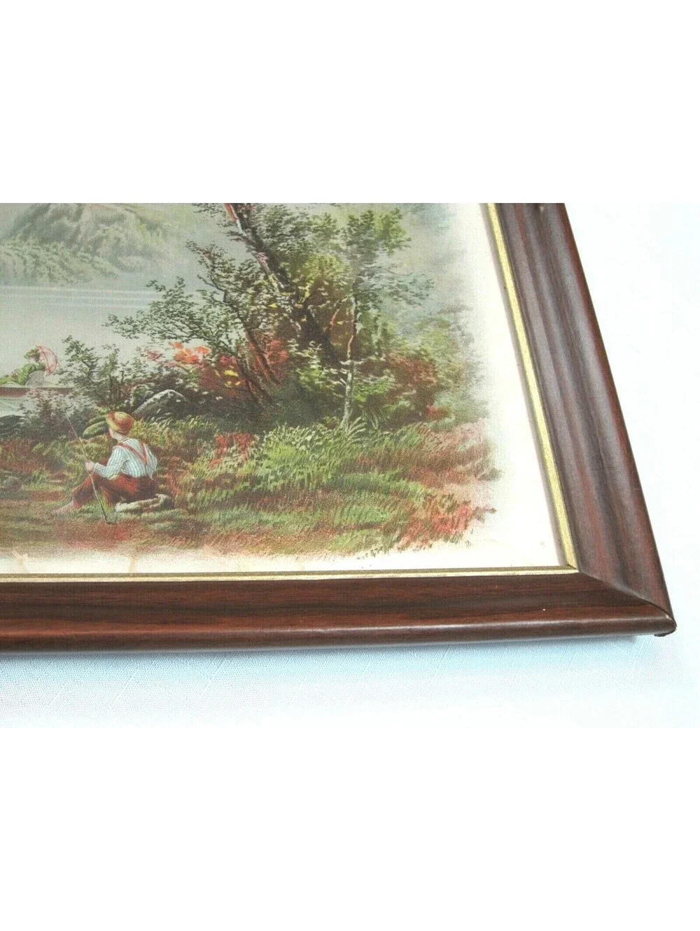 Antique RAYMOND Litho Art Print Country Lake Mountain Cattle Boat 22x18 Framed